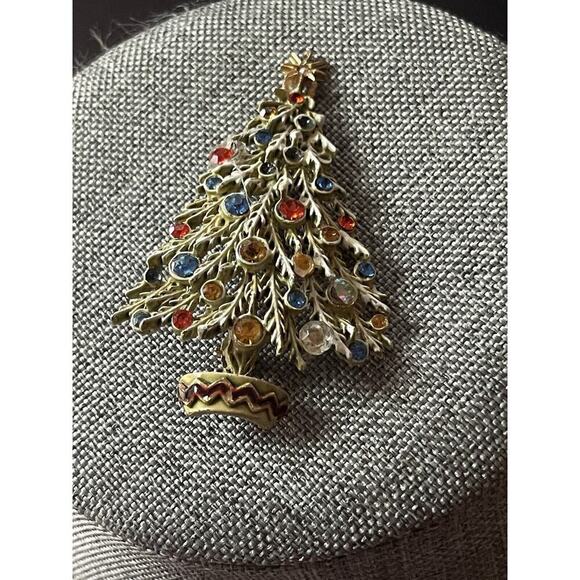 ART Arthur Pepper Brooch Pin Set Christmas Tree signed Gold tone Rhinestone Vtg - Picture 3 of 6